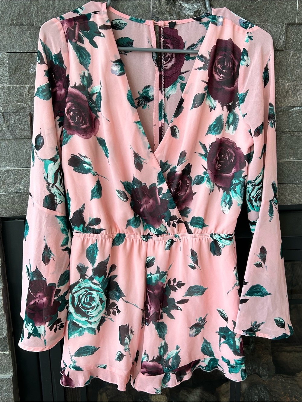 Forever 21 Pink Floral Wrap Romper with Teal & Burgundy Roses
